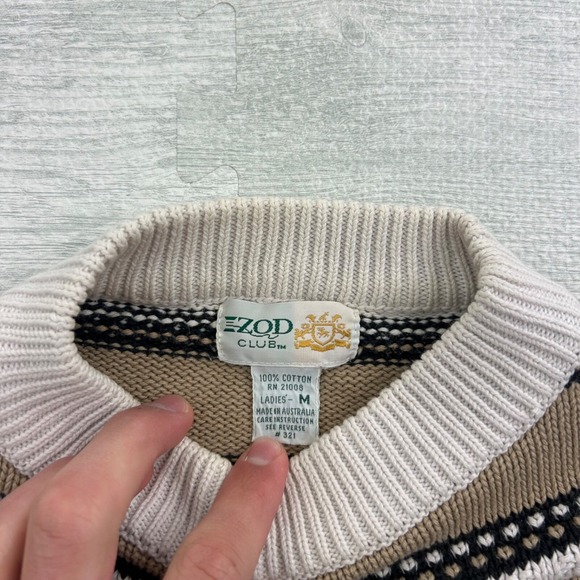 Vintage 90s Izod Club 3D Knit Sweater Size Medium Tan Striped Cable Pullover - Picture 3 of 5
